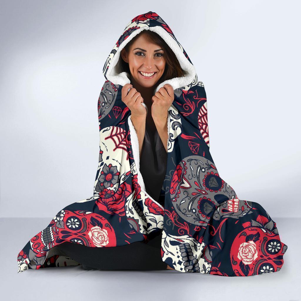 Sugar Skull Skeleton Girly Rose Floral Pattern Print Hooded Blanket-grizzshop