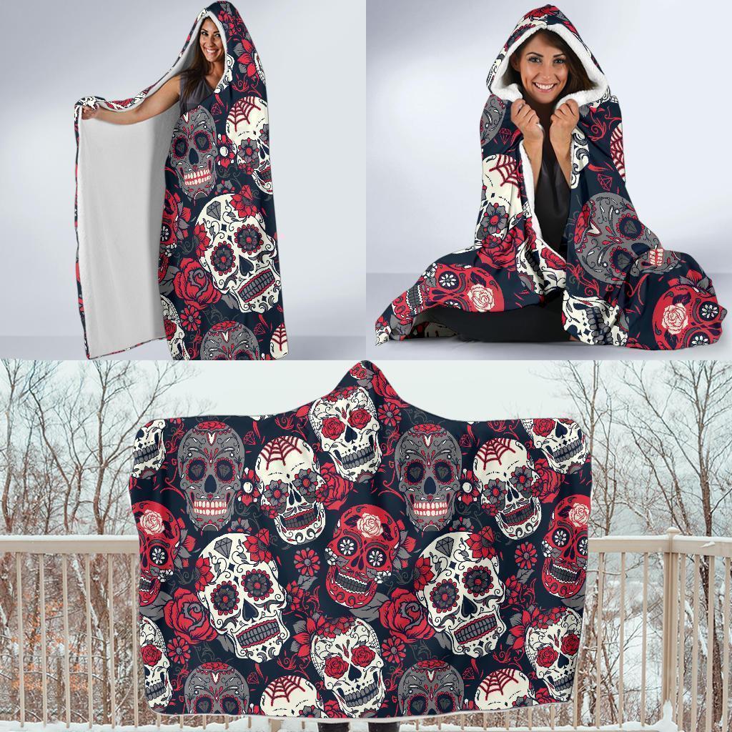 Sugar Skull Skeleton Girly Rose Floral Pattern Print Hooded Blanket-grizzshop