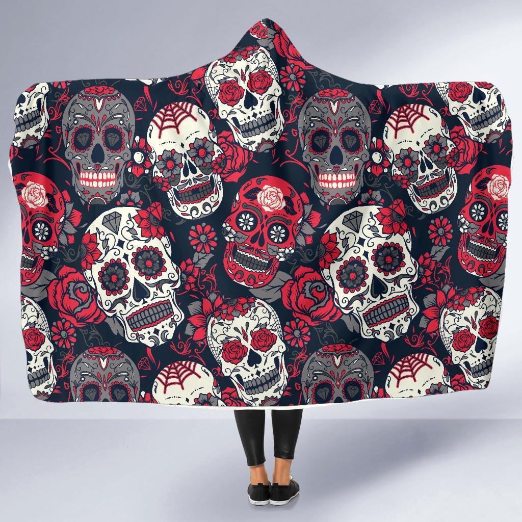 Sugar Skull Skeleton Girly Rose Floral Pattern Print Hooded Blanket-grizzshop