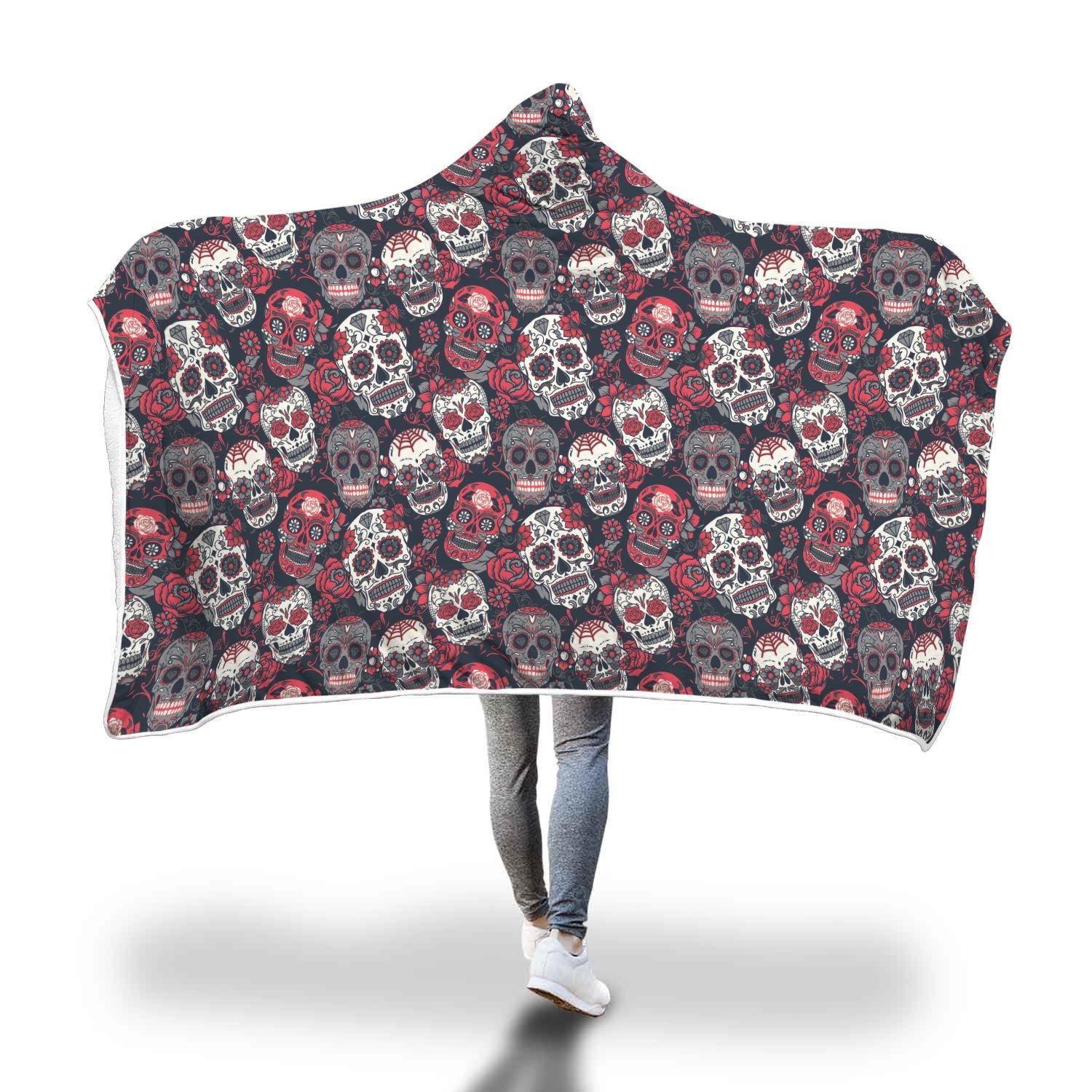 Sugar Skull Skeleton Girly Rose Floral Pattern Print Hooded Blanket-grizzshop