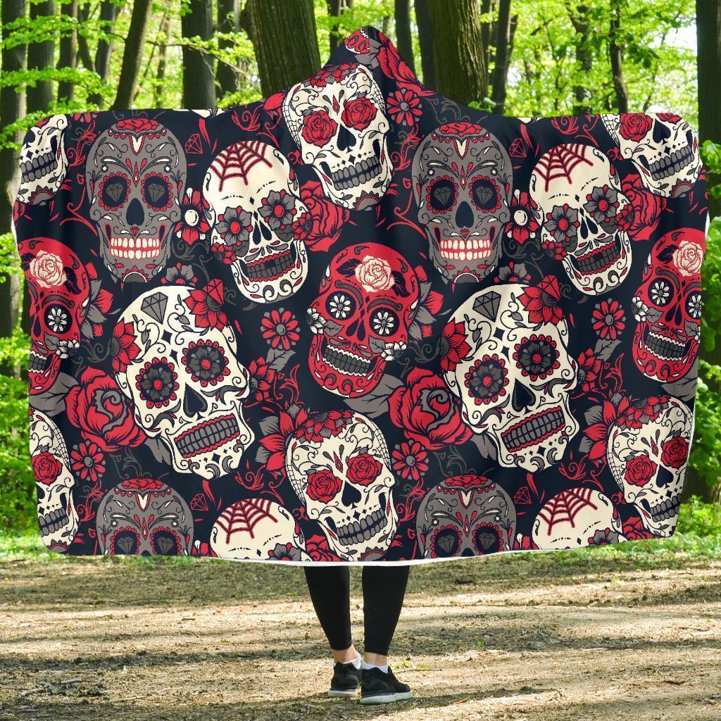 Sugar Skull Skeleton Girly Rose Floral Pattern Print Hooded Blanket-grizzshop