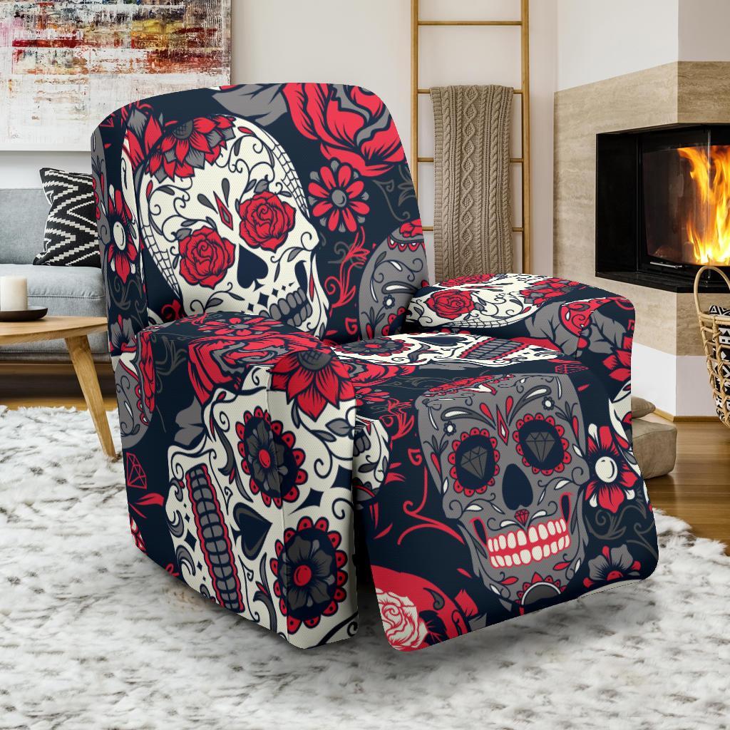 Sugar Skull Skeleton Girly Rose Floral Pattern Print Recliner Cover-grizzshop