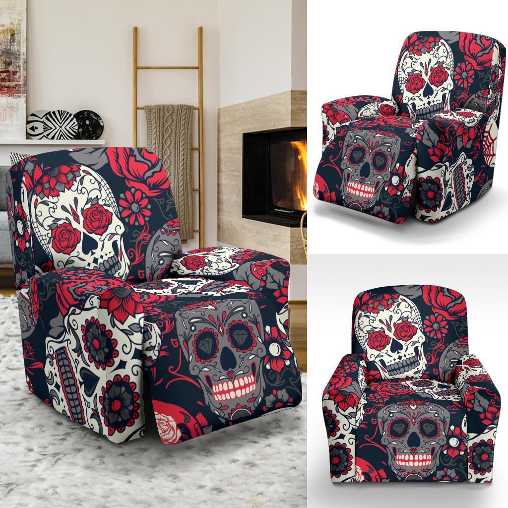 Sugar Skull Skeleton Girly Rose Floral Pattern Print Recliner Cover-grizzshop