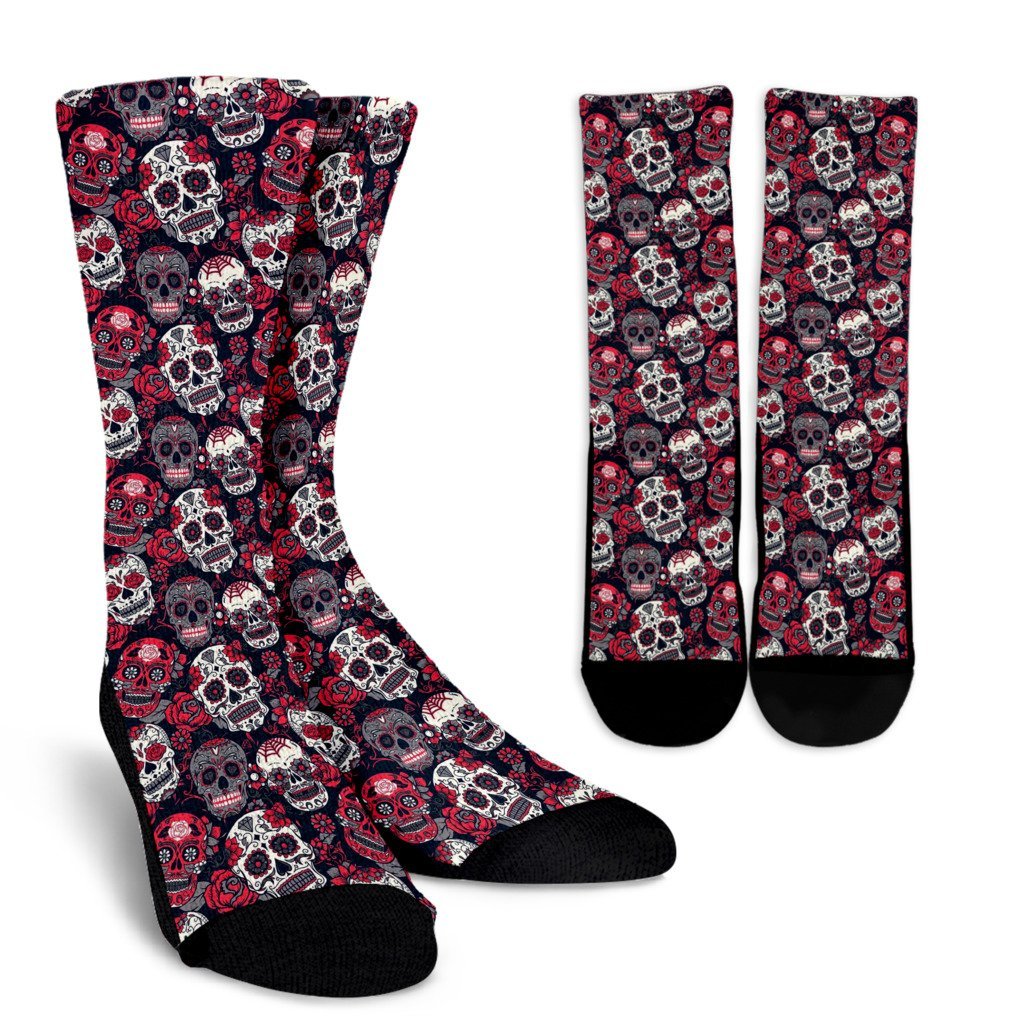 Sugar Skull Skeleton Girly Rose Floral Pattern Print Unisex Crew Socks-grizzshop