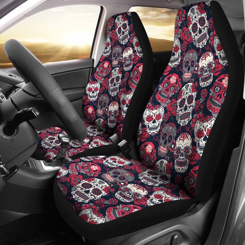 Sugar Skull Skeleton Girly Rose Floral Pattern Print Universal Fit Car Seat Cover-grizzshop