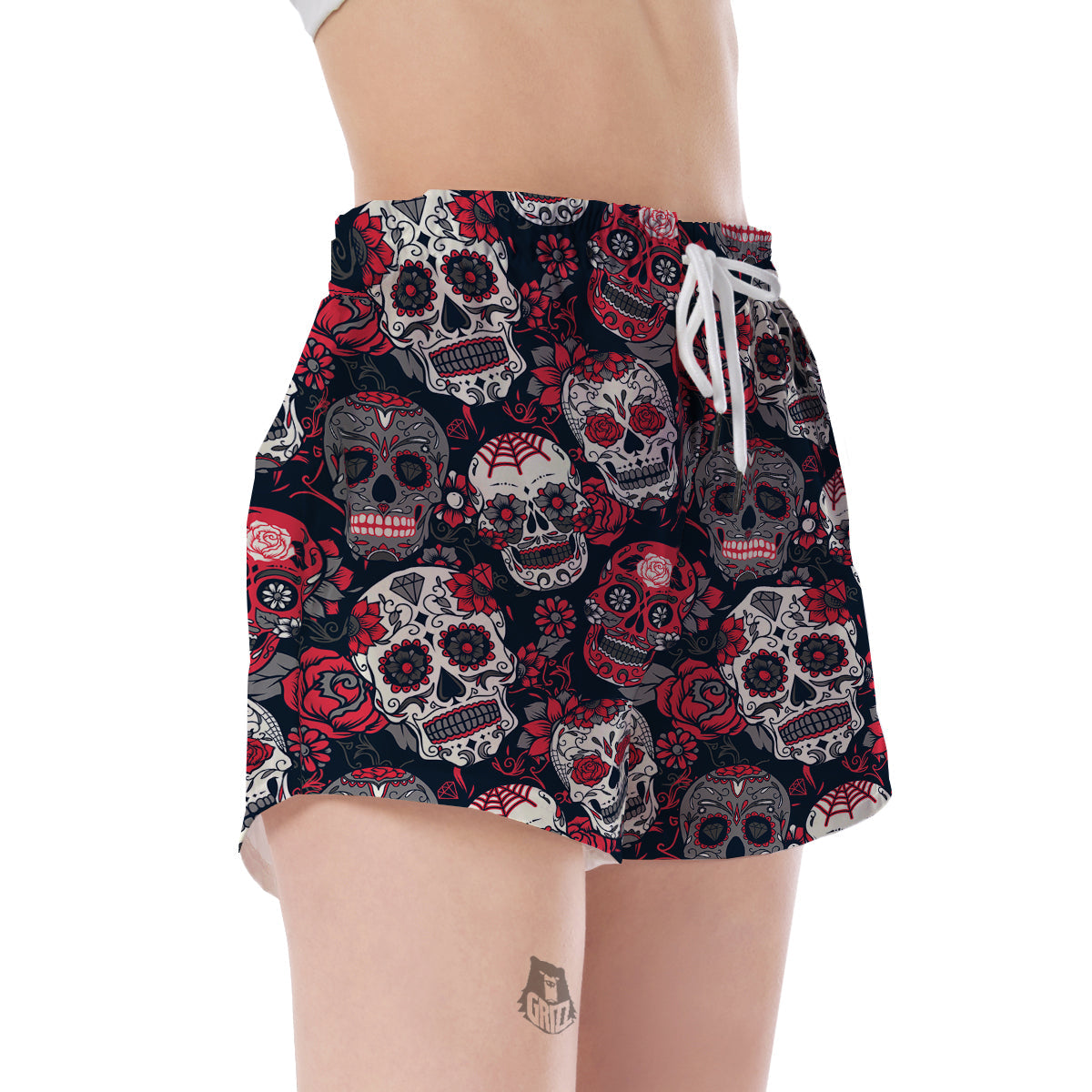 Sugar Skull Skeleton Girly Rose Floral Pattern Print Women's Shorts-grizzshop