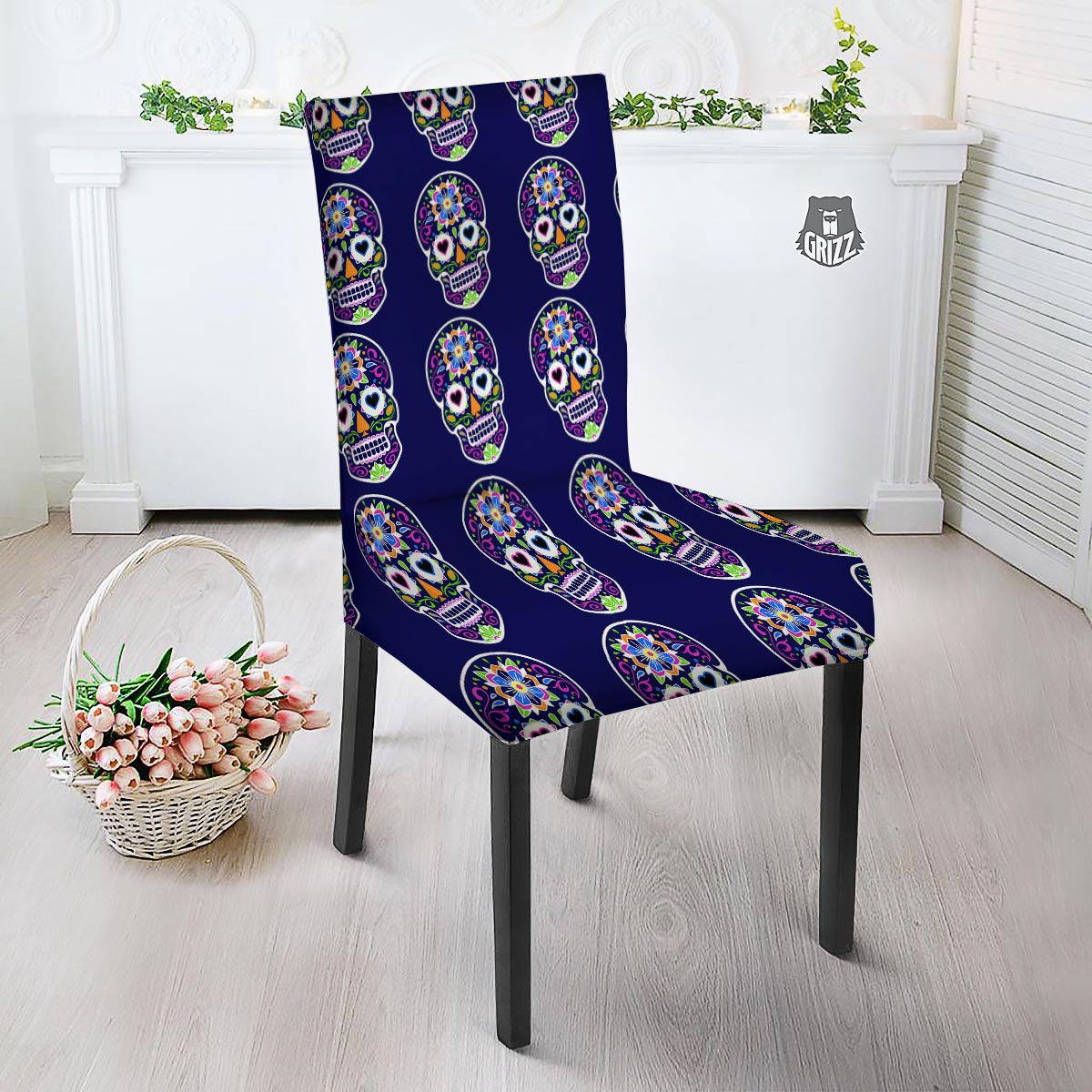 Sugar Skull Teal Pink Print Pattern Dining Chair Slipcover-grizzshop
