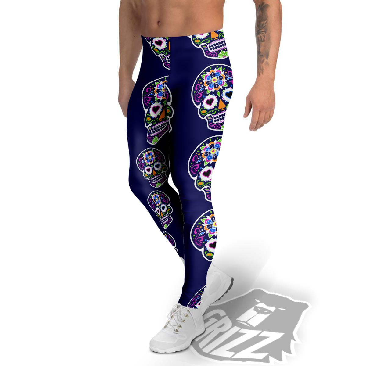 Sugar Skull Teal Pink Print Pattern Men's Leggings-grizzshop