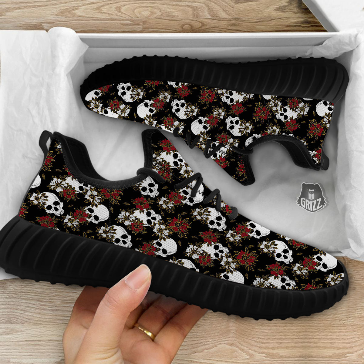 Sugar Skull White And Red Print Pattern Black Walking Shoes-grizzshop