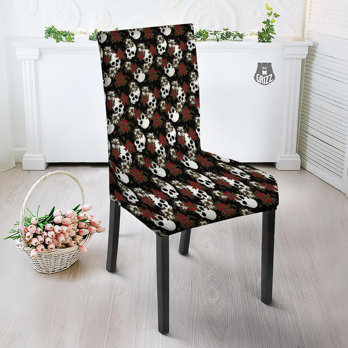Sugar Skull White And Red Print Pattern Dining Chair Slipcover-grizzshop