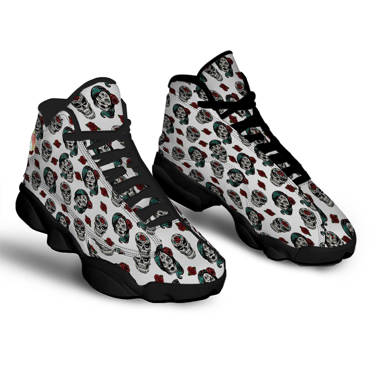 Sugar Skull White Floral Print Pattern Black Basketball Shoes-grizzshop