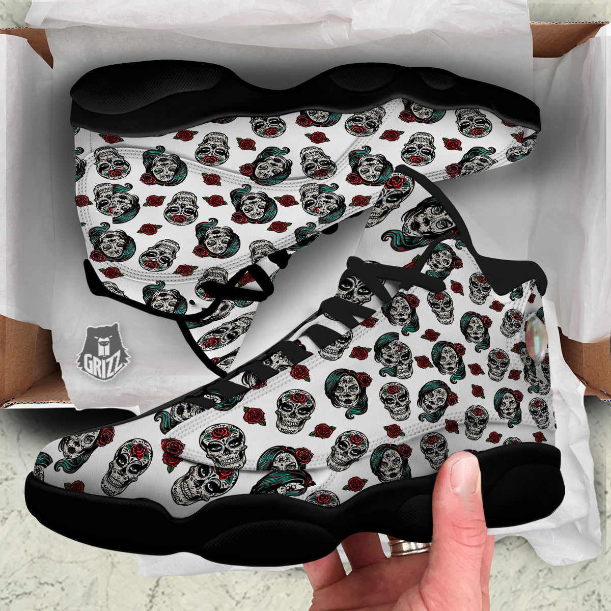 Sugar Skull White Floral Print Pattern Black Basketball Shoes-grizzshop