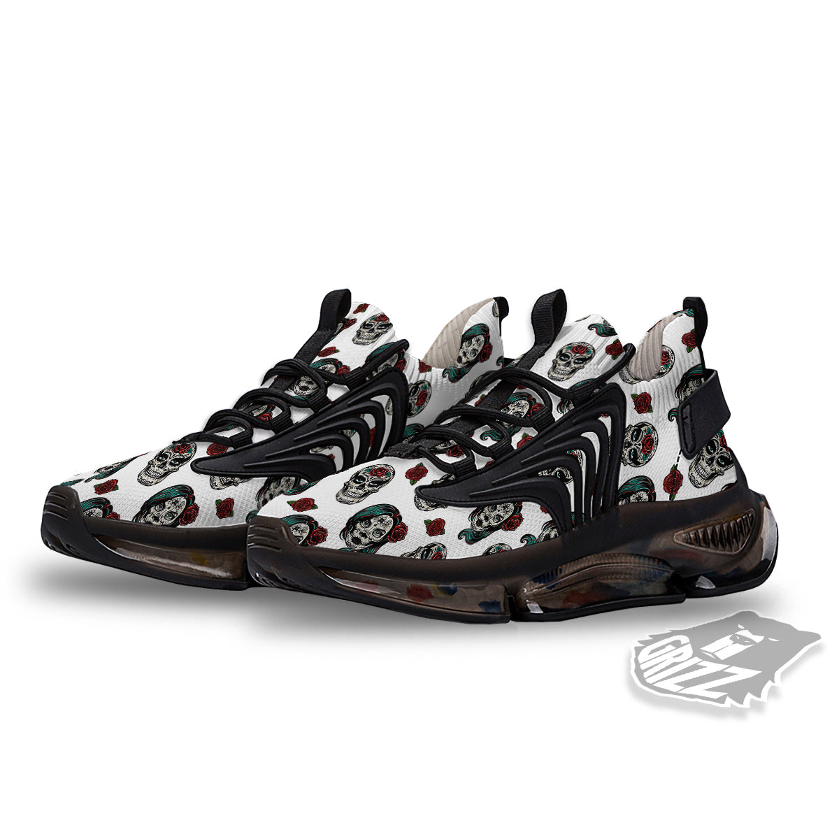 Sugar Skull White Floral Print Pattern Black Gym Shoes-grizzshop