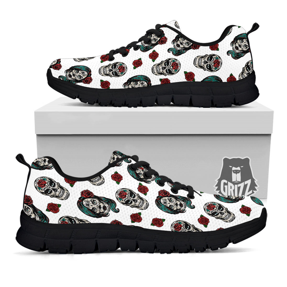 Sugar Skull White Floral Print Pattern Black Sneaker-grizzshop