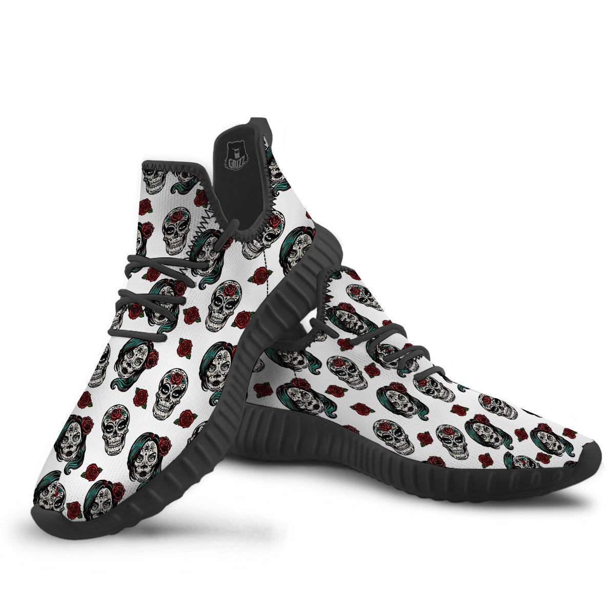 Sugar Skull White Floral Print Pattern Black Walking Shoes-grizzshop