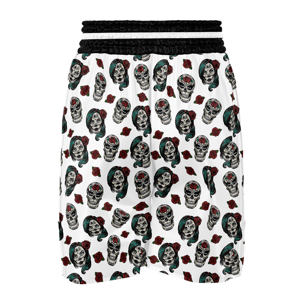 Sugar Skull White Floral Print Pattern Boxing Shorts-grizzshop