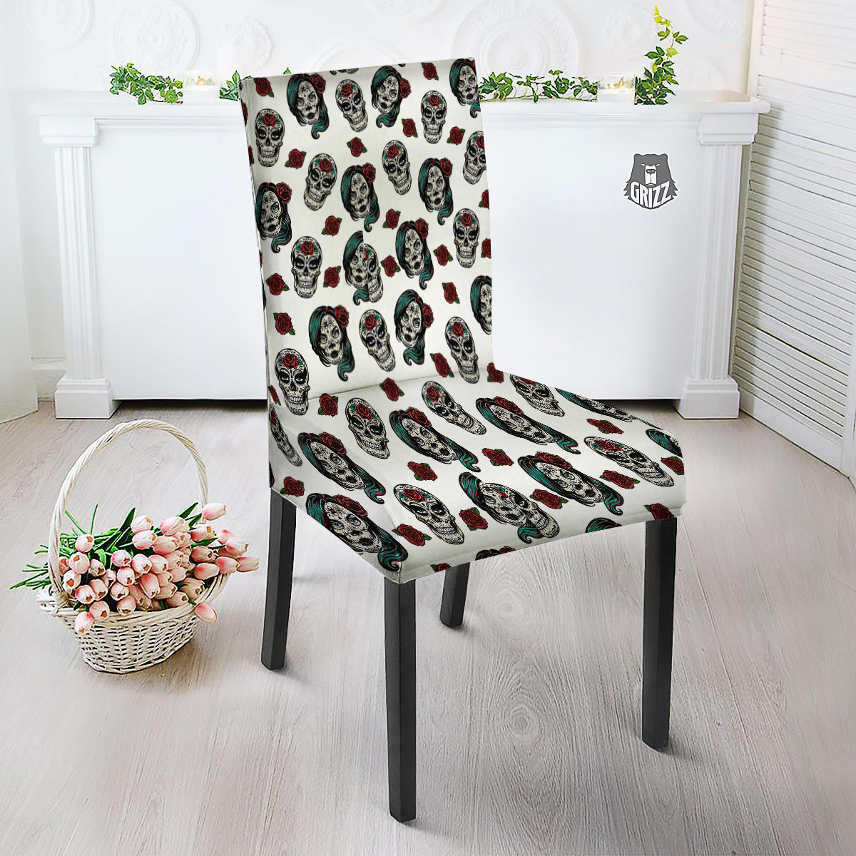 Sugar Skull White Floral Print Pattern Dining Chair Slipcover-grizzshop