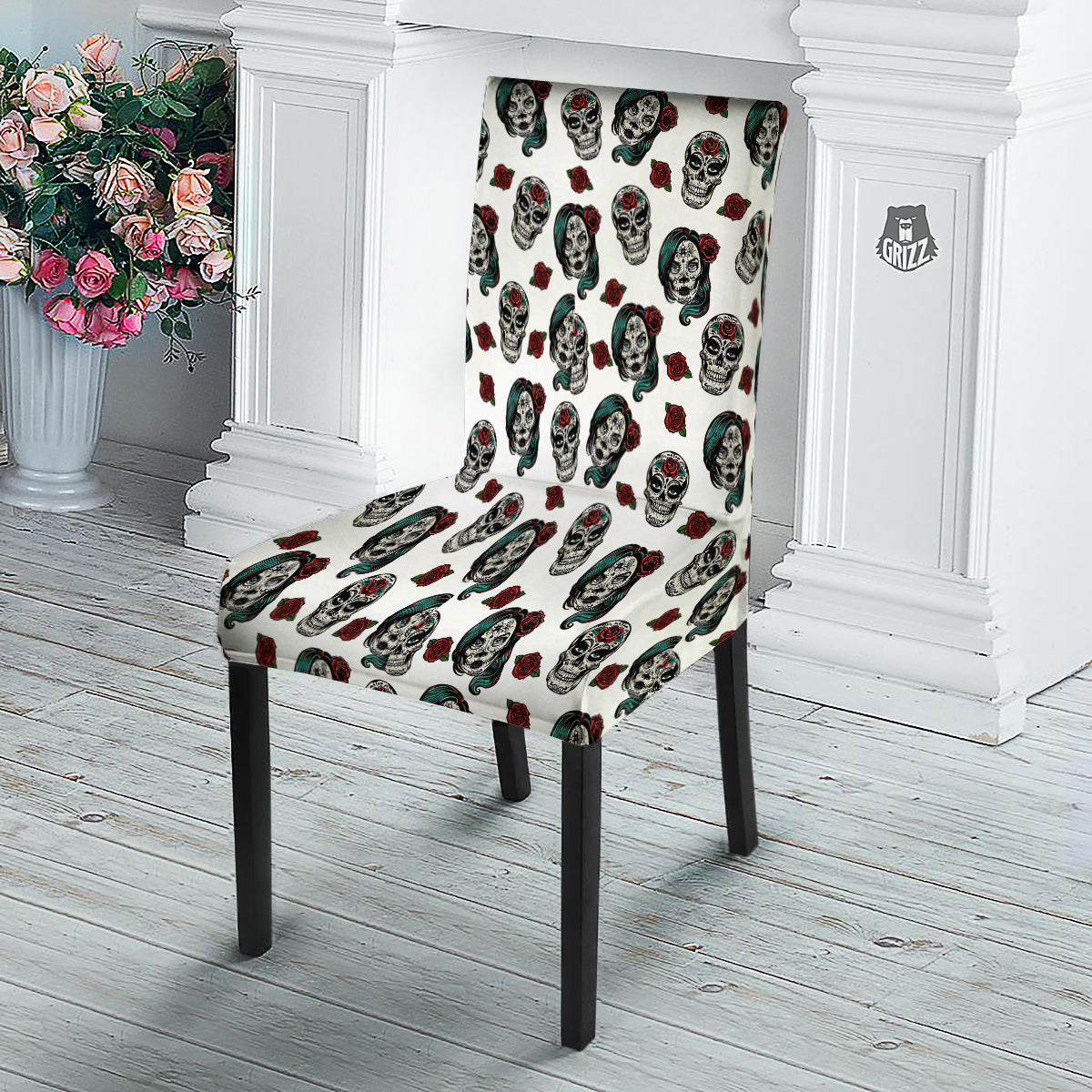 Sugar Skull White Floral Print Pattern Dining Chair Slipcover-grizzshop