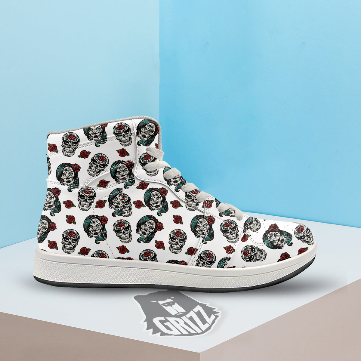Sugar Skull White Floral Print Pattern High Top Sneakers-grizzshop
