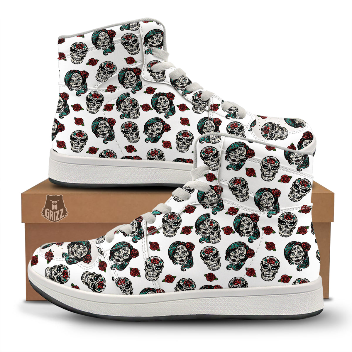 Sugar Skull White Floral Print Pattern High Top Sneakers-grizzshop