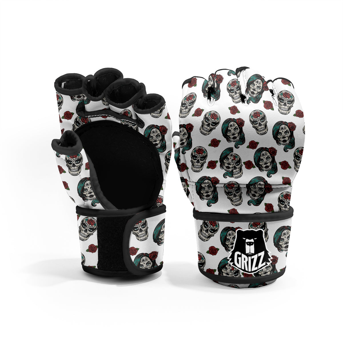 Sugar Skull White Floral Print Pattern MMA Gloves-grizzshop