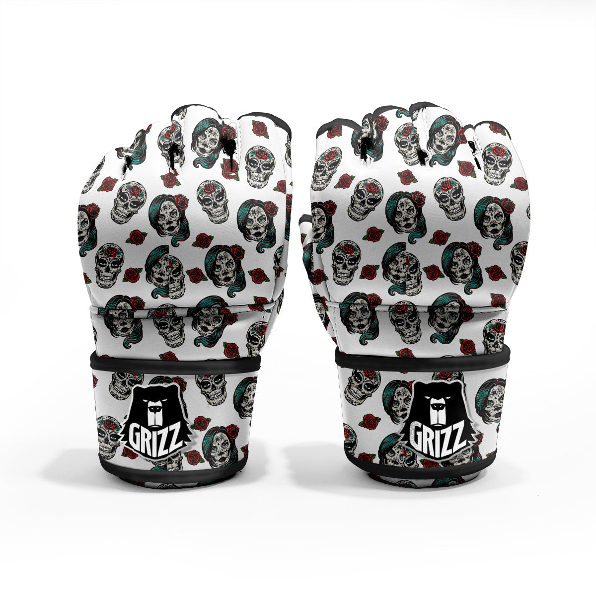 Sugar Skull White Floral Print Pattern MMA Gloves-grizzshop
