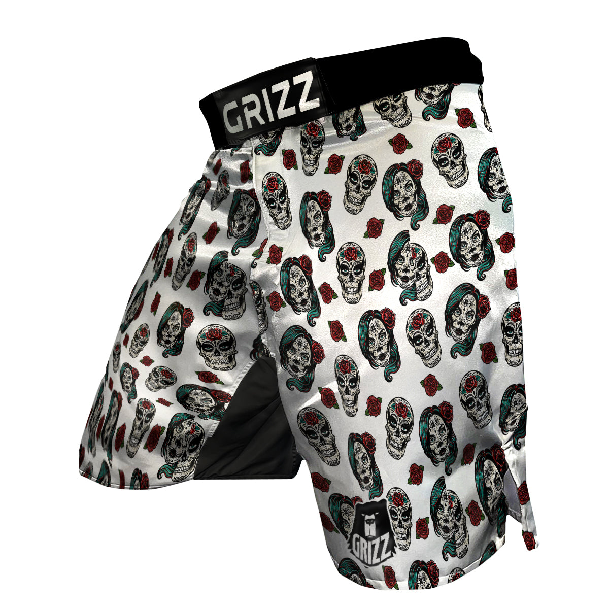 Sugar Skull White Floral Print Pattern MMA Shorts-grizzshop