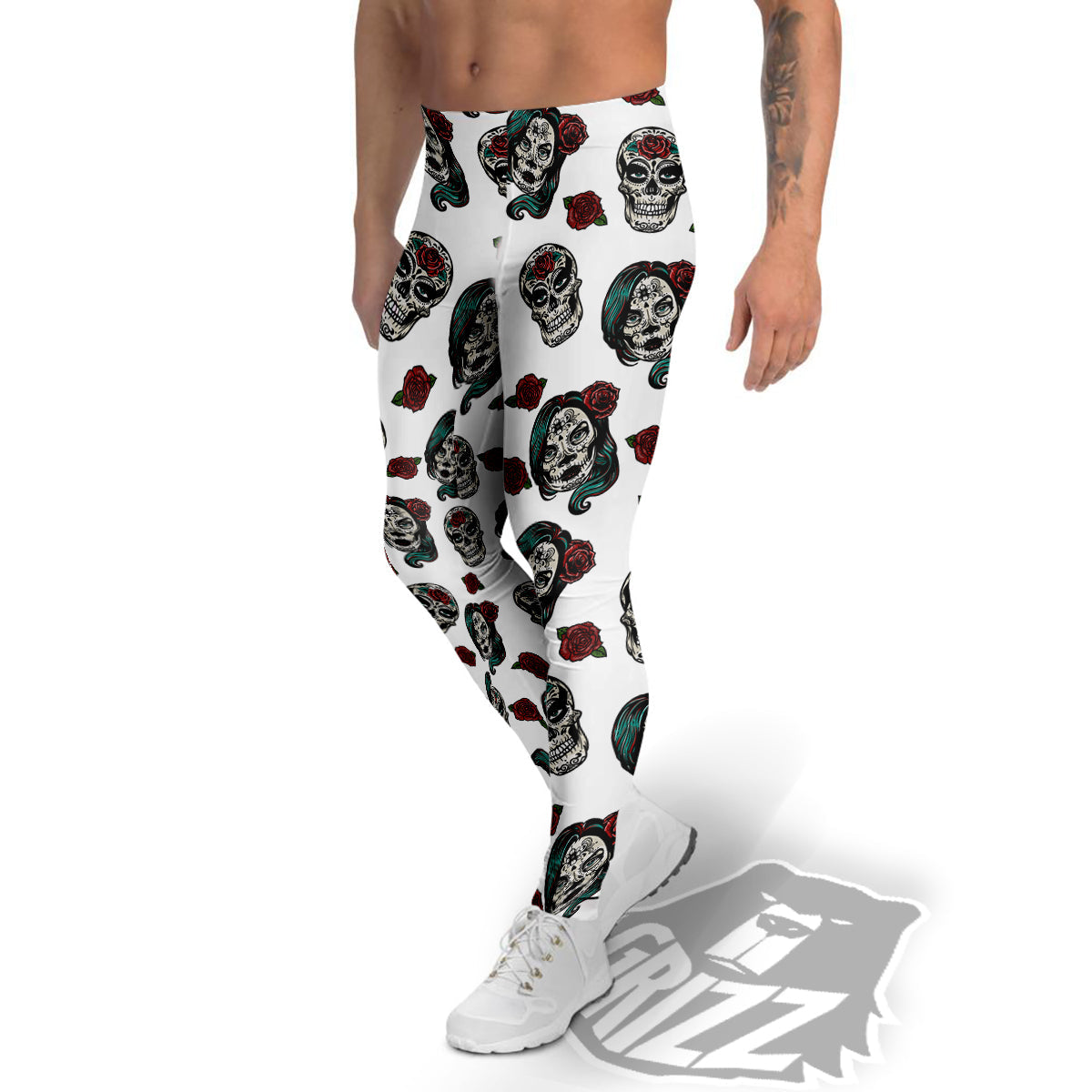 Sugar Skull White Floral Print Pattern Men's Leggings-grizzshop