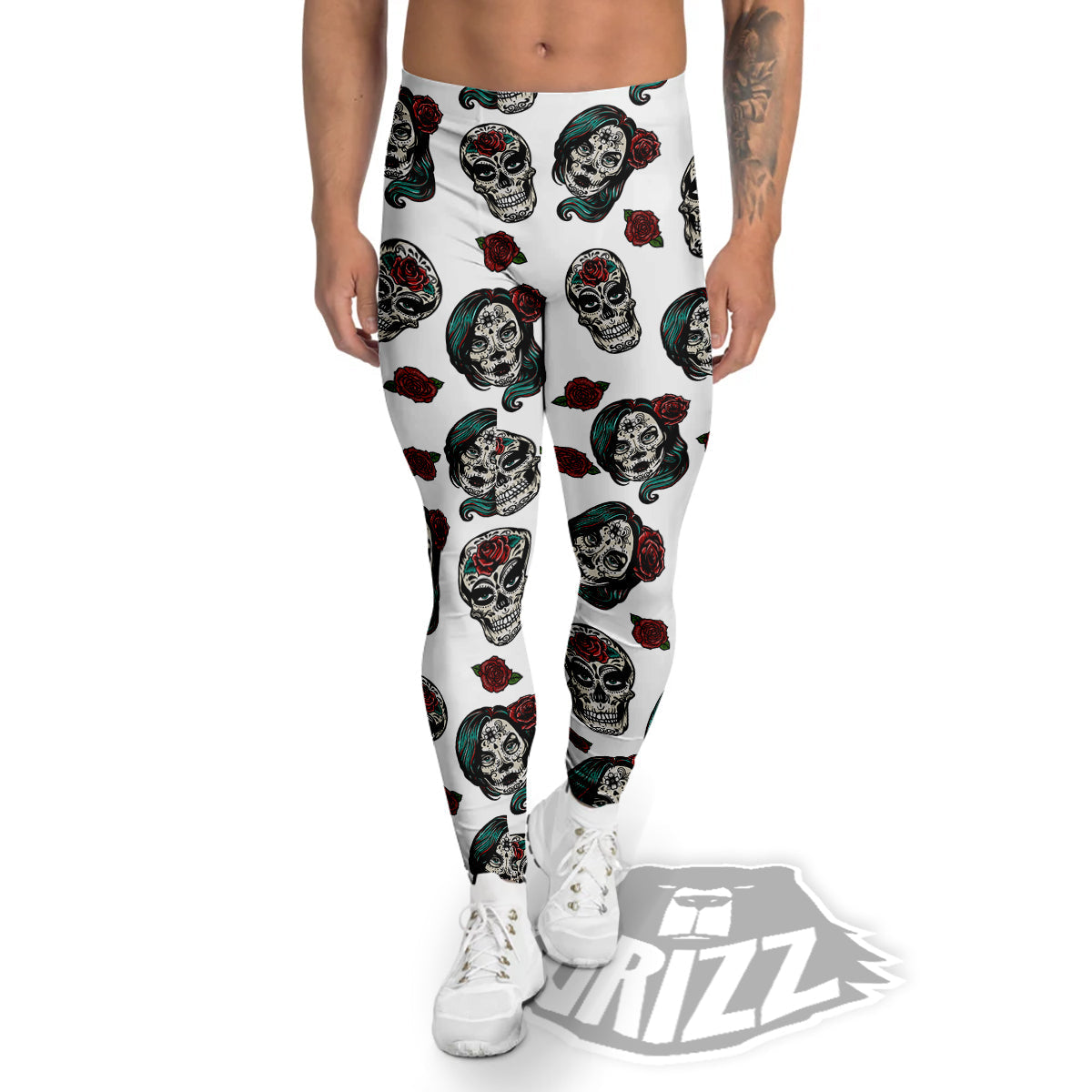 Sugar Skull White Floral Print Pattern Men's Leggings-grizzshop