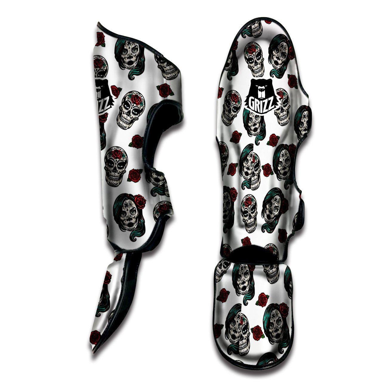 Sugar Skull White Floral Print Pattern Muay Thai Shin Guards-grizzshop