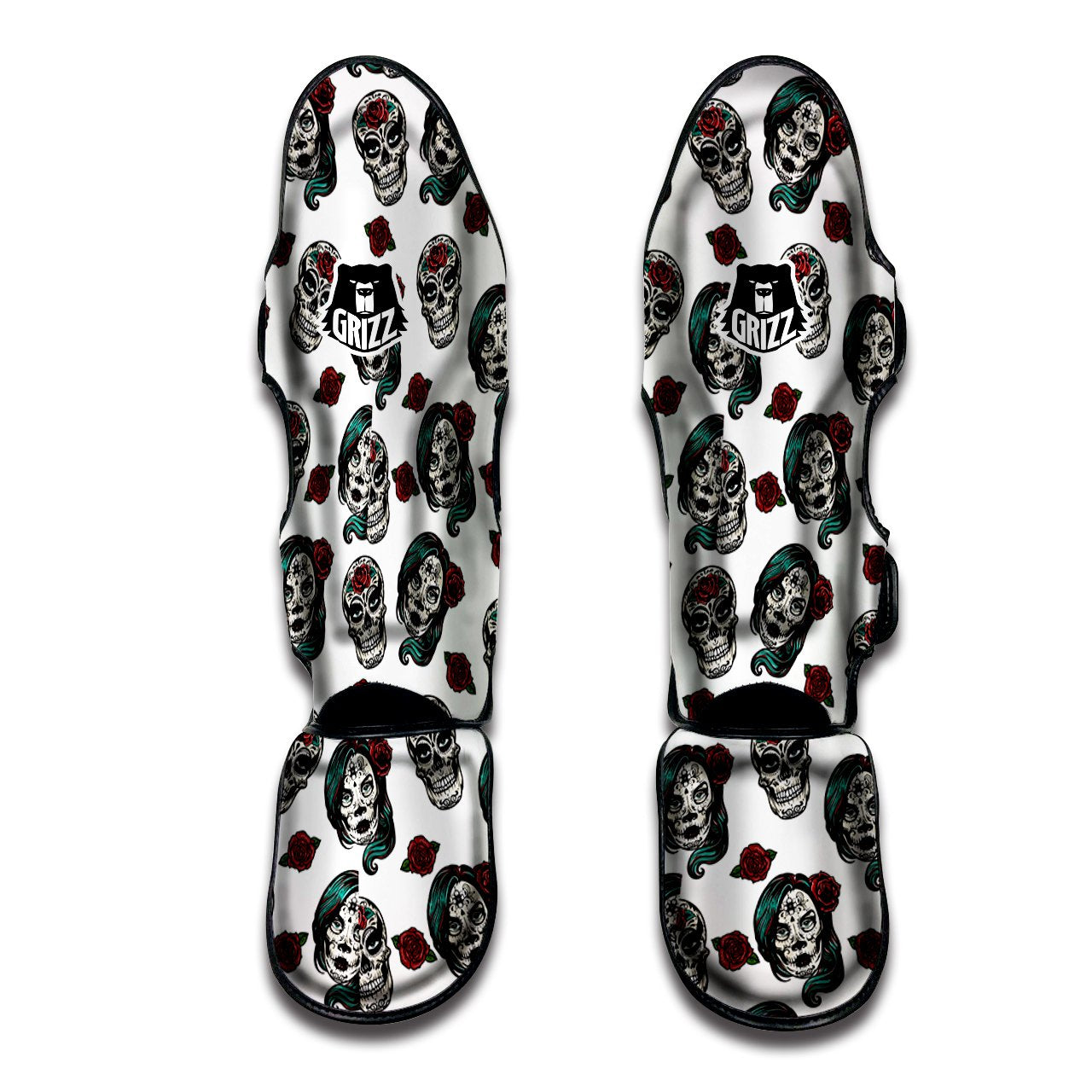 Sugar Skull White Floral Print Pattern Muay Thai Shin Guards-grizzshop