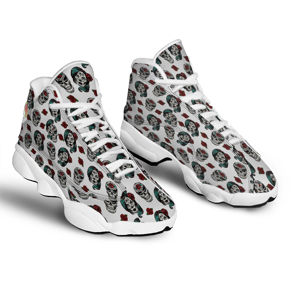 Sugar Skull White Floral Print Pattern White Basketball Shoes-grizzshop