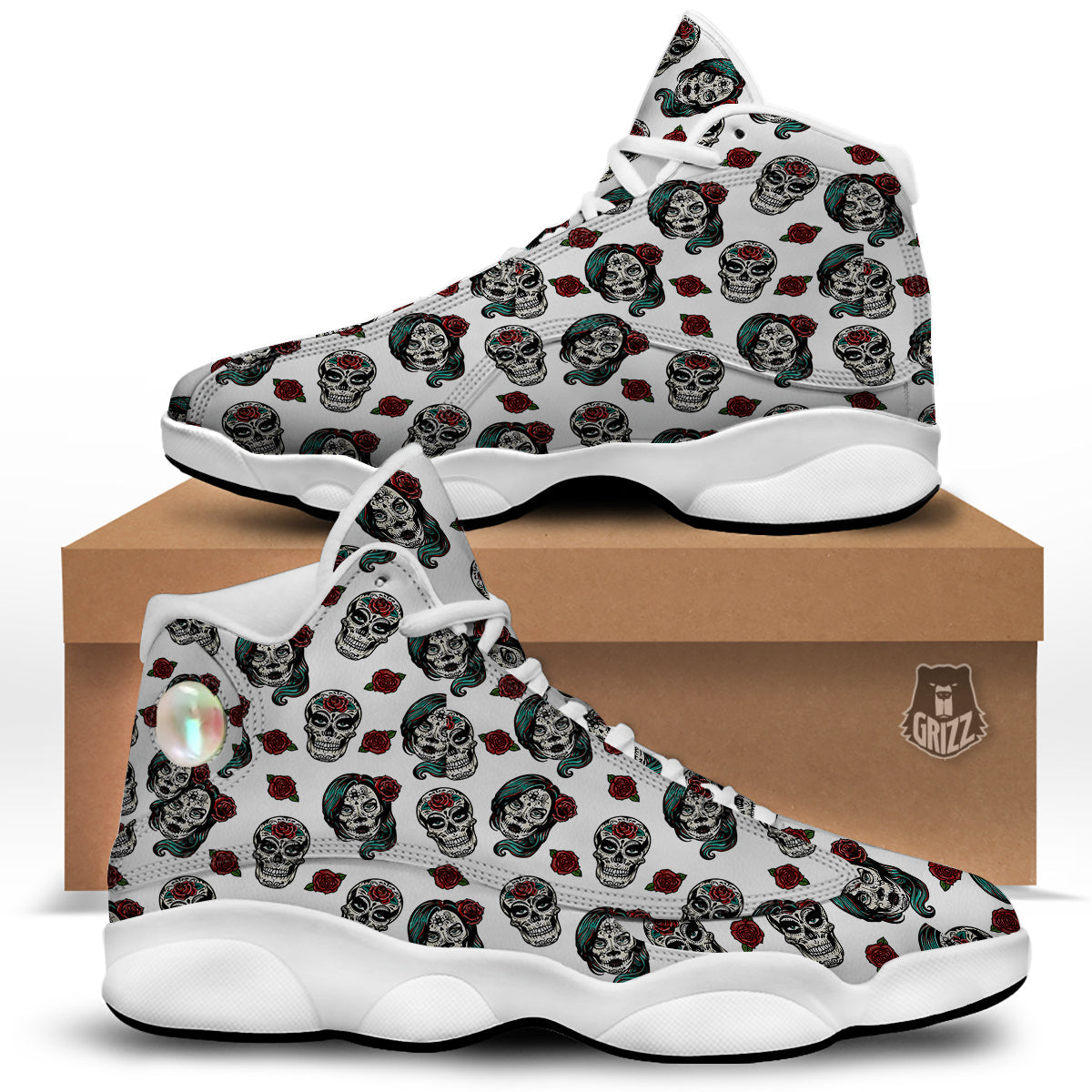 Sugar Skull White Floral Print Pattern White Basketball Shoes-grizzshop