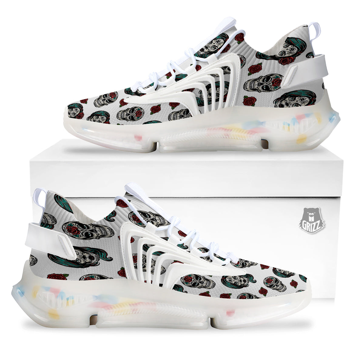 Sugar Skull White Floral Print Pattern White Gym Shoes-grizzshop