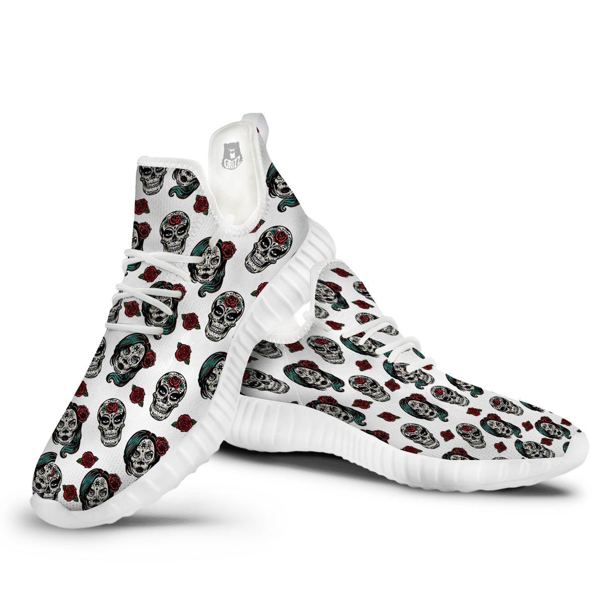 Sugar Skull White Floral Print Pattern White Walking Shoes-grizzshop