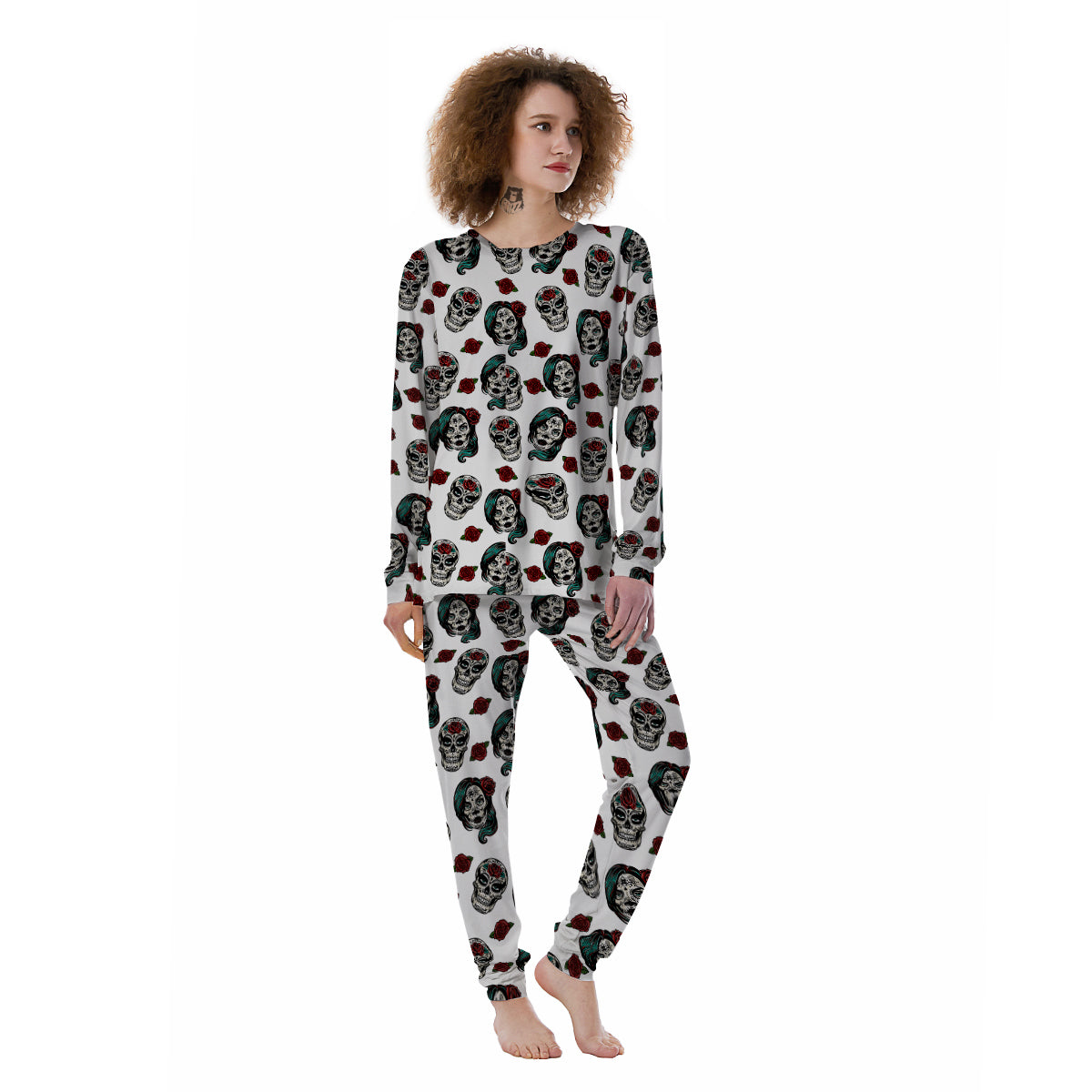 Sugar Skull White Floral Print Pattern Women's Pajamas-grizzshop