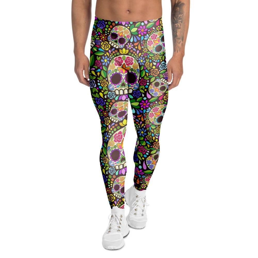 Sugar Skull Mexican Floral Men's Leggings-grizzshop
