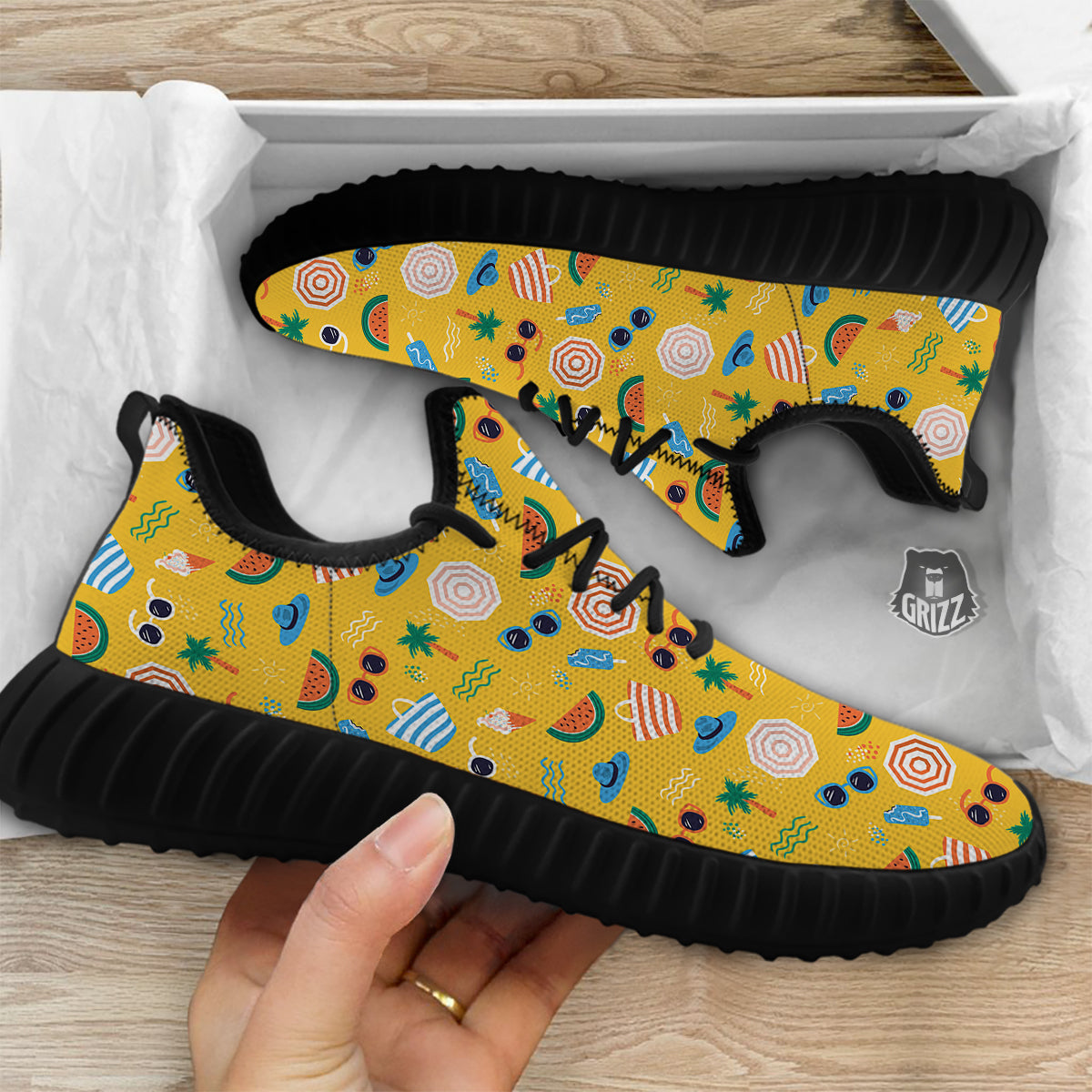 Summer Beach Drawing Print Pattern Black Walking Shoes-grizzshop