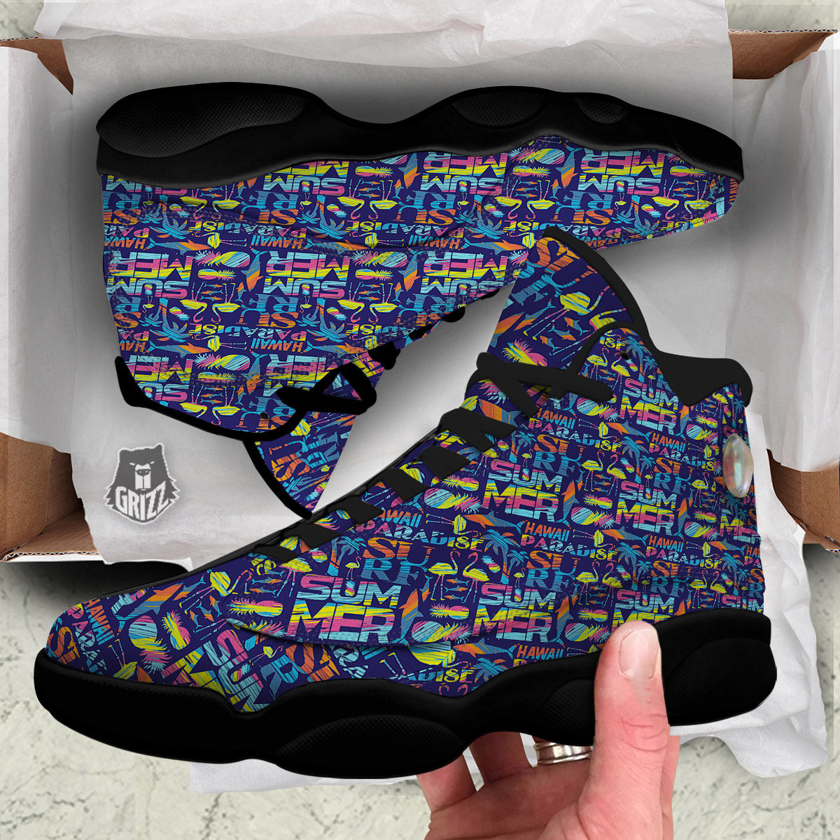 Summer Surfing Colorful Print Pattern Black Basketball Shoes-grizzshop