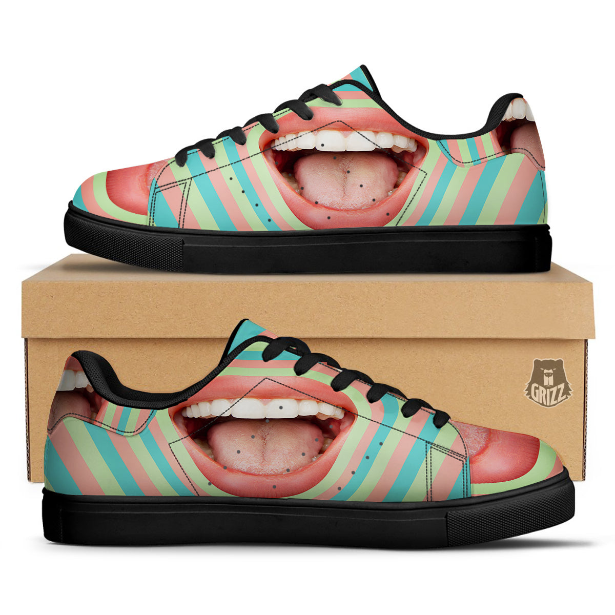 Summer Time Mood Mouth Print Black Low Top Sneakers-grizzshop