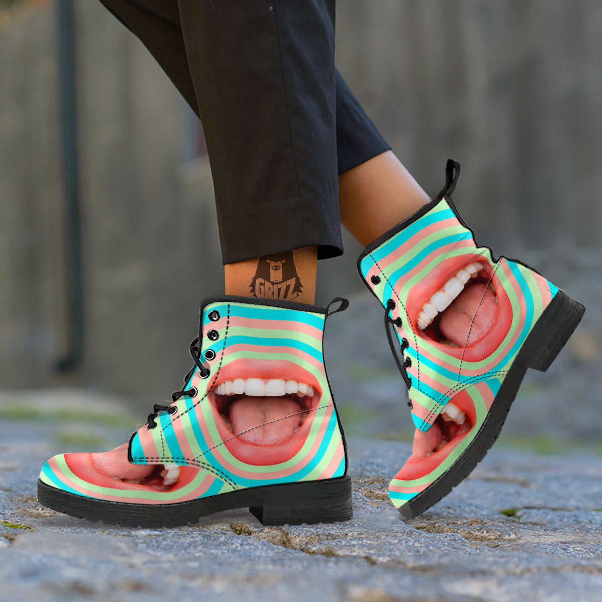 Summer Time Mood Mouth Print Leather Boots-grizzshop