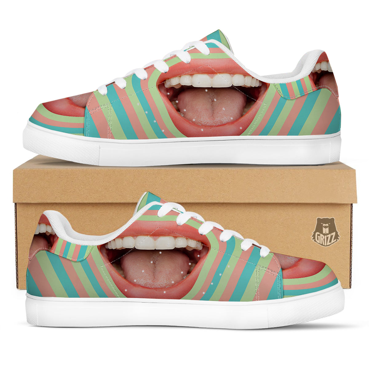 Summer Time Mood Mouth Print White Low Top Sneakers-grizzshop