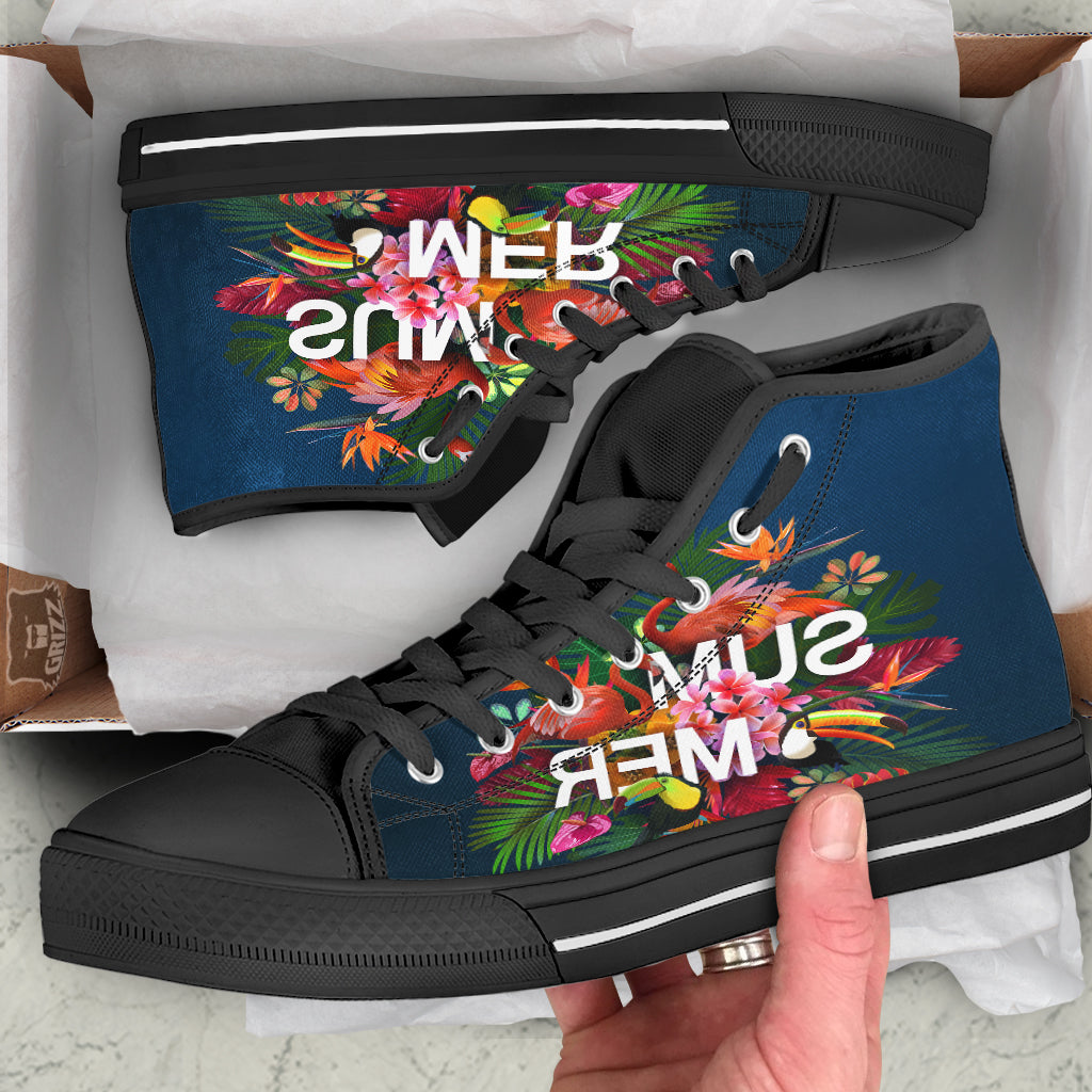 Summer Tropical Birds And Flowers For Travel Print Black High Top Shoes-grizzshop