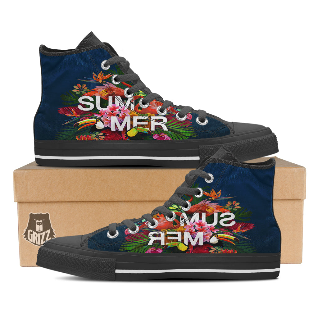Summer Tropical Birds And Flowers For Travel Print Black High Top Shoes-grizzshop