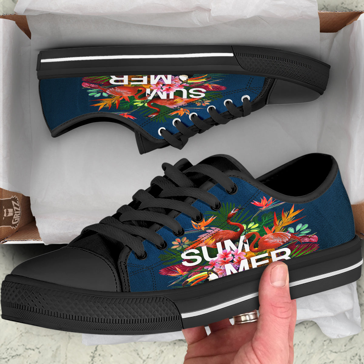 Summer Tropical Birds And Flowers For Travel Print Black Low Top Shoes-grizzshop