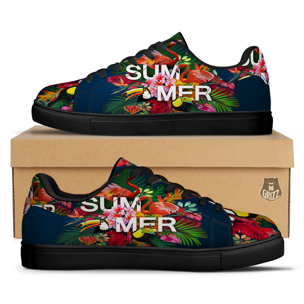 Summer Tropical Birds And Flowers For Travel Print Black Low Top Sneakers-grizzshop
