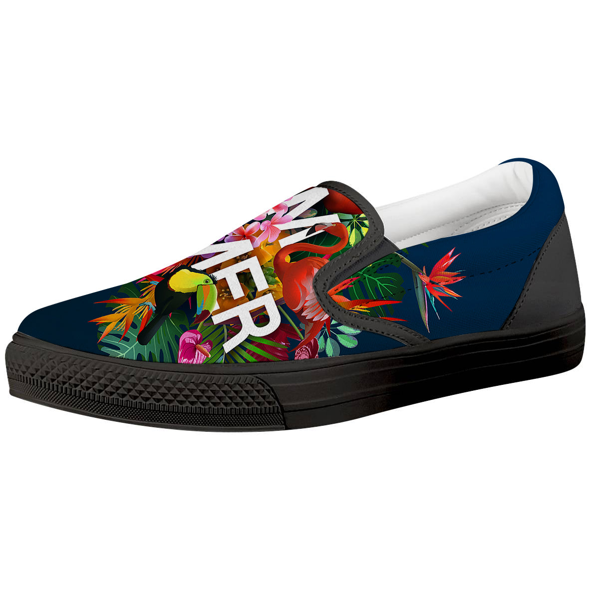 Summer Tropical Birds And Flowers For Travel Print Black Slip On Shoes-grizzshop