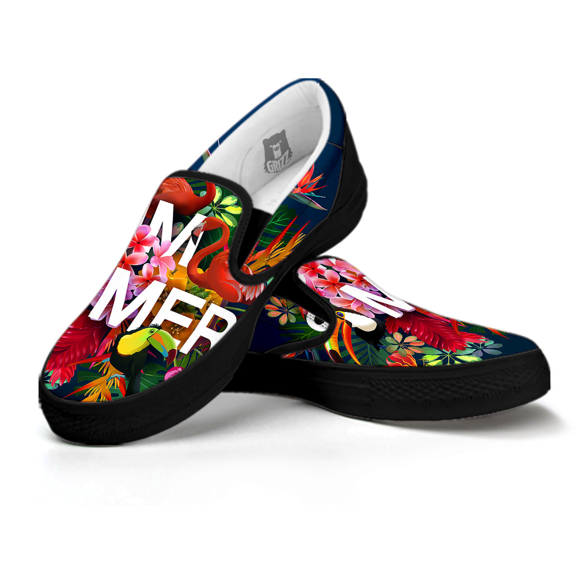 Summer Tropical Birds And Flowers For Travel Print Black Slip On Shoes-grizzshop
