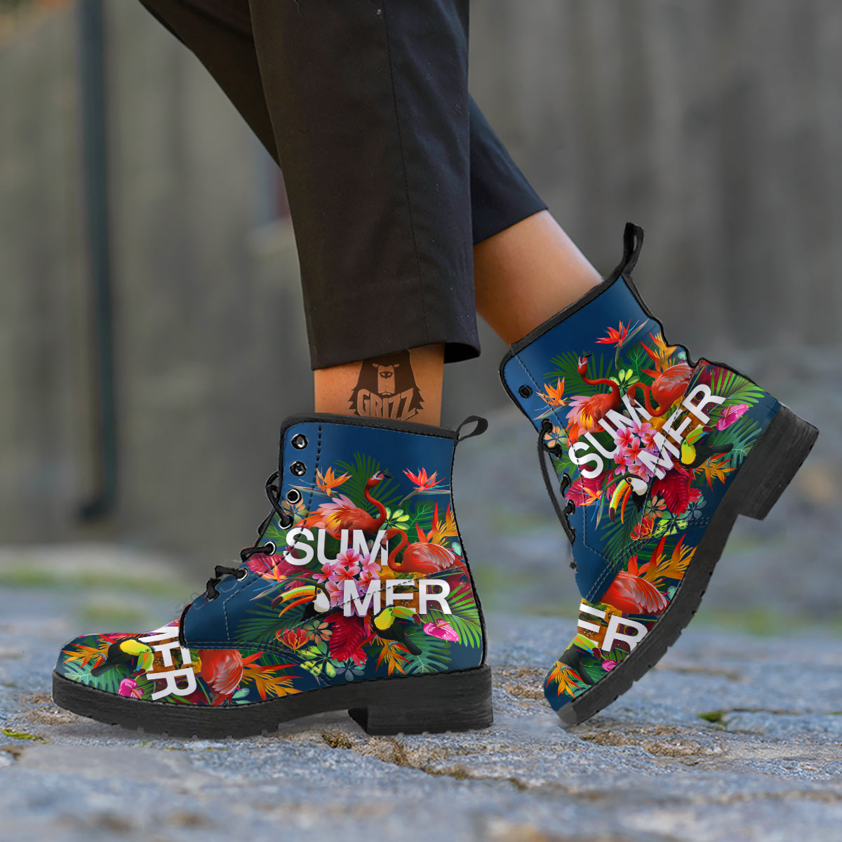 Summer Tropical Birds And Flowers For Travel Print Leather Boots-grizzshop
