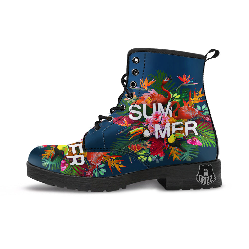 Summer Tropical Birds And Flowers For Travel Print Leather Boots-grizzshop